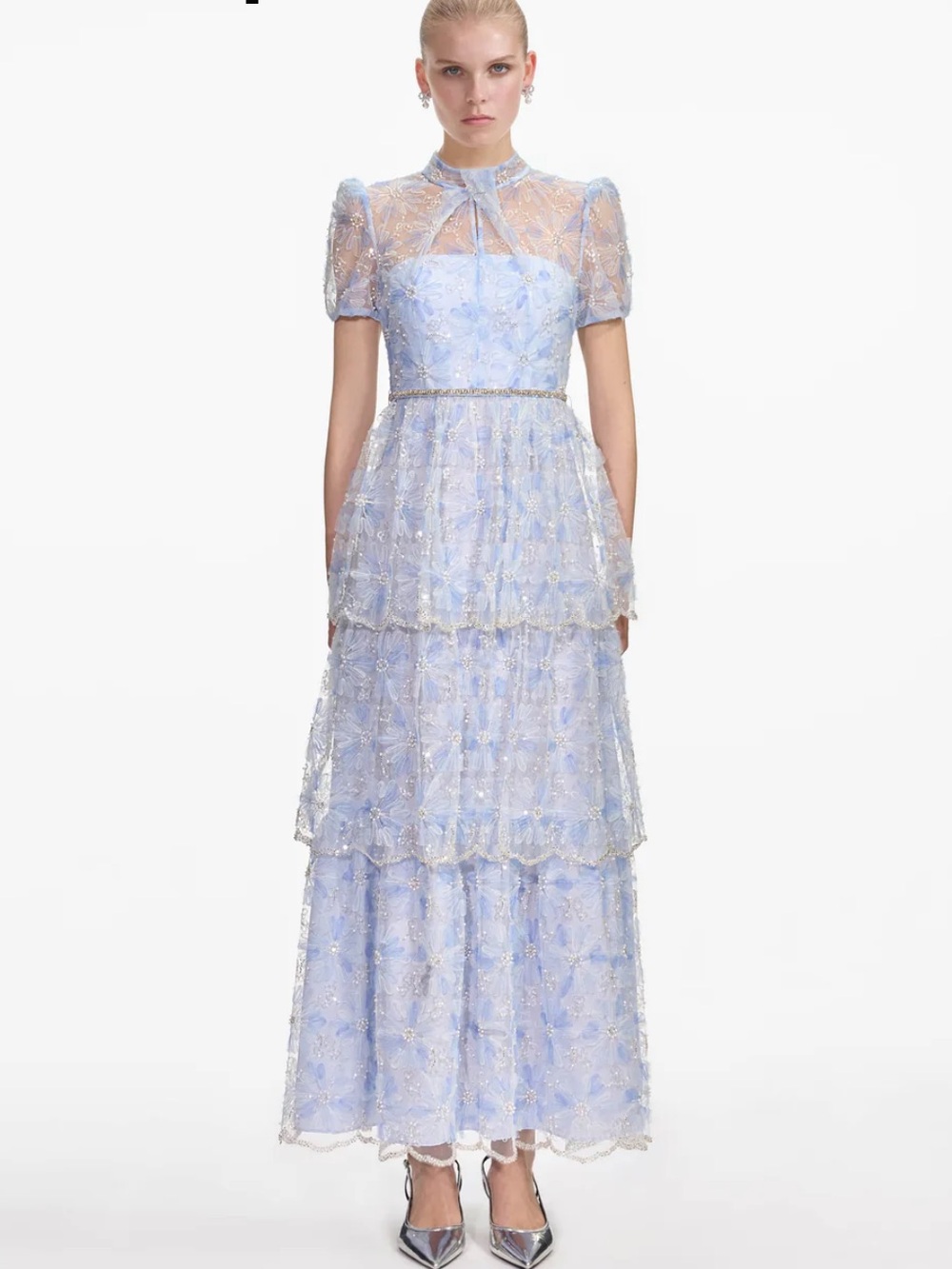 New! Self-Portrait Lace Maxi Dress in Blue Beaded Sequin size 8